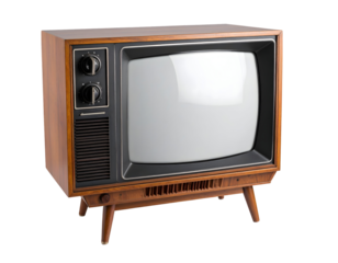 An iconic retro television from the past era, featuring a warm wooden casing and traditional control knobs.