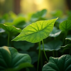 Obraz premium green leaves background, A close-up of a fresh green leaf illuminated by warm sunlight, highlighting the delicate veins and texture. The soft-focus background enhances the vibrant and serene feel of n