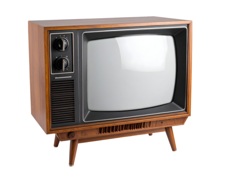 An iconic retro television from the past era, featuring a warm wooden casing and traditional control knobs.