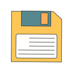 Retro floppy disk icon in flat style with yellow and blue colors, vintage computer data storage symbol