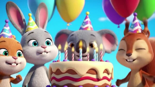 Animated Birthday Celebration with Cute Cartoon Animals Singing Around Cake