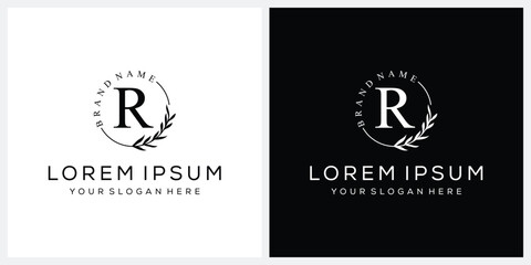 Initial letter R cosmetics fashion logo design, serif font graphic icon, leaves nature symbol concept