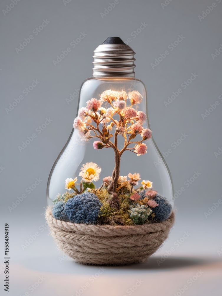 Poster Lightbulb Showcases Blooming Flower Arrangement Symbolizing Growth and Creativity in a Serene Setting