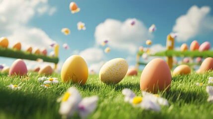 Fototapeta premium Colorful Easter eggs scattered across a grassy field under a bright blue sky. 