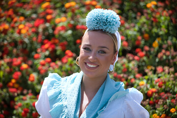 Portrait of young woman, beautiful, blonde, with typical Andalusian flamenco costume to go on pilgrimage in white color with light blue shawl and flower, with a background of red and yellow flowers.