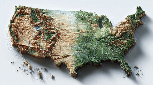 Mapa topogr&aacute;fico 3D de Estados Unidos con relieve detallado, Mapa f&iacute;sico ilustrado de USA con monta&ntilde;as y r&iacute;os, Representaci&oacute;n geogr&aacute;fica 3D del territorio estadounidense