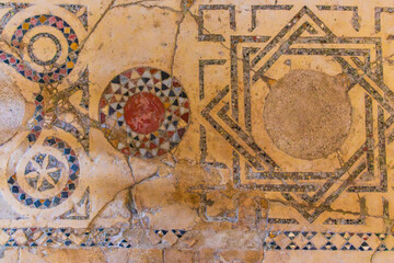 Demre, Antalya, Turkey - June 14 2025: fragment of an ancient mosaic in the Church of St. Nicholas in the city of Demre (Myra in Lycia), Turkey. The pattern of semi-precious stones and marble