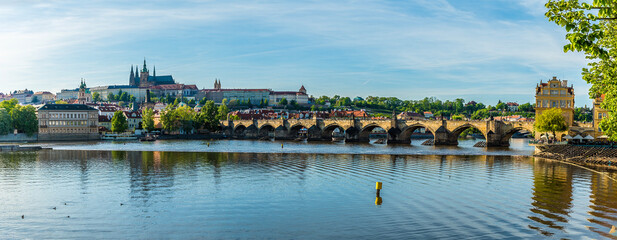 A panorama view from the east bank towards the castle complex in Prague in springtime