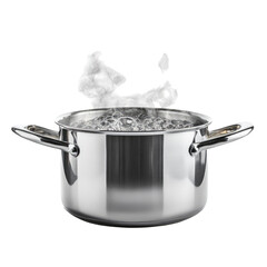 Boiling water in a stainless steel pot with steam rising, isolated on a transparent background, cutout PNG
