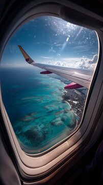 Vista desde ventanilla de avi&oacute;n sobre mar turquesa y costa tropical, ala de avi&oacute;n, vacaciones al Caribe, Gran angular ventanilla de avi&oacute;n 