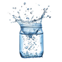 Splash of water from glass jar creating dynamic droplets in clear air transparent background, cutout PNG