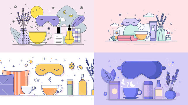 Flat vector set of sleeping essentials with eye masks, aromatherapy, tea, and lavender. Ideal for bedtime routine graphics, wellness blogs, and calm lifestyle visuals.

