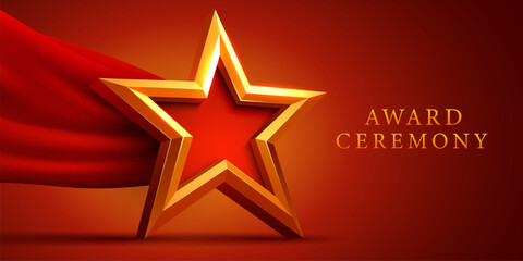 Award ceremony background and 3d gold star with red silk ribbon decoration. Vector illustration