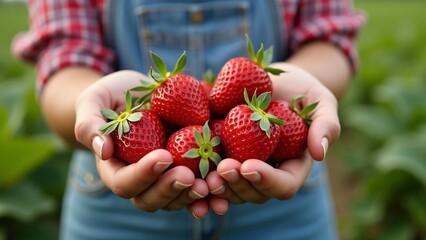 Bella contadina che offre una manciata di fragole mature