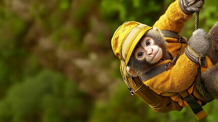 Playful monkey in a yellow jacket climbing a rope in a lush green forest setting