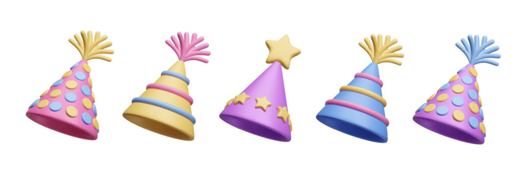 Colorful festive birthday hats 3D style vector icon set. Surprise birthday party decor, happy anniversary celebration, festival carnival hats. Striped, dotted, star cone birthday caps 3D icon set.