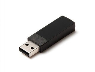 A sleek black USB flash drive, angled to the right against a stark white background, conveying simplicity.