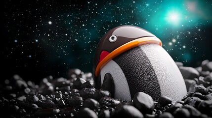 Playful penguin figurine resting on rocky surface against a starry cosmic background