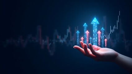 Fototapeta na wymiar Businessman holding growth graph of business. Successful business, growth strategy and achieving goals with the rising arrow. Business strategy development and growing growth plan. Hand shows growth.