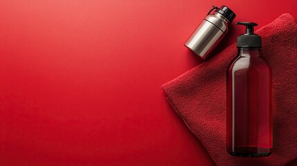 Workout essentials laid out: water bottle, soap dispenser, and towel on vibrant red backdrop.