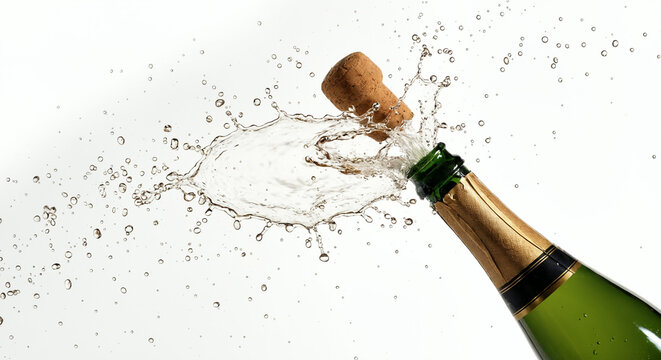 Champagne bottle popping with liquid splash on white background
