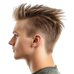 Obraz premium Profile view of a young man with spiked hairstyle showcasing a trendy look with a modern edge transparent background, cutout PNG