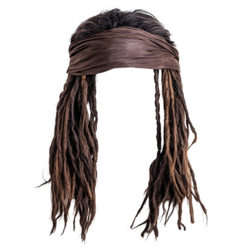 Long braided pirate wig with a brown headband suitable for costume parties and Halloween transparent background, cutout PNG