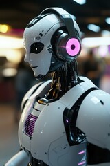 Futuristic robot head with glowing pink accents