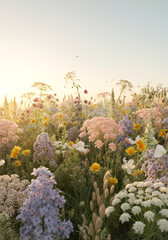 A meadow filled with pastel pink, lilac, white and yellow wild flowers and a soft summers evening.