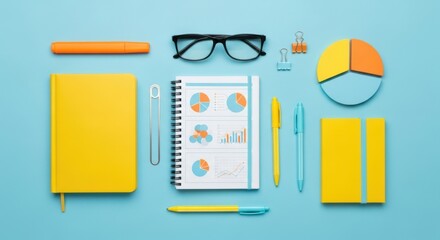 Arrangement of stationery items including notebook and glasses on a table