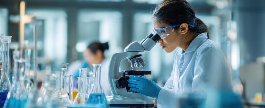 The scientist examines samples through a microscope in a modern laboratory