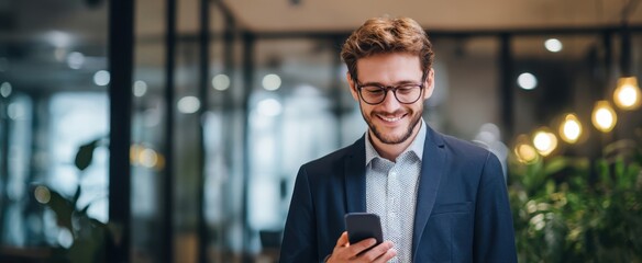 The young businessman smiling while using his smartphone in a modern office setting.