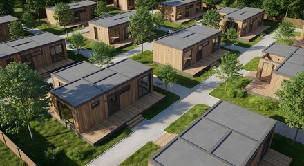 Fototapeta premium Aerial View of Modern Wooden Tiny Homes in a Serene Community