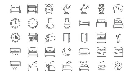 Collection of Bedroom Icons Beds, Clocks, and Comfort in Minimalist Line Art