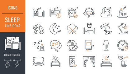 Sleep Icon Set Line Icons for Better Rest, Health, and Wellness. Vector Collection of Sleep Symbols for Relaxation and Healthy Lifestyle.
