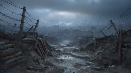 War-torn landscape with barbed wire fences, trenches, and distant mountains under a stormy sky. Grim and desolate.