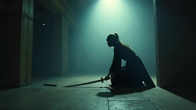 Ninja woman stands in defensive pose under moonlight in a shadowy corridor
