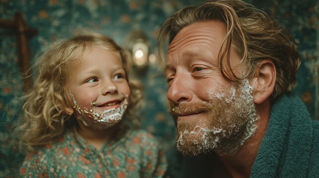 Father and son having fun shaving in bathroom - Powered by Adobe