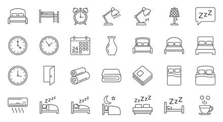 Minimalist Bedroom Icons Set for Interior Design Projects and App Development, Featuring Beds, Clocks, and Relaxation Symbols
