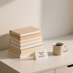 Minimalist Teacher Appreciation Workspace with Books, Coffee, and Thank You Note