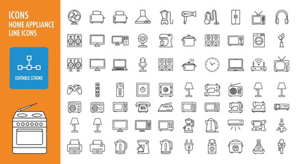 Home Appliance Line Icons Modern Design for Household Electronics and Devices, Kitchen Utilities, and Entertainment Systems