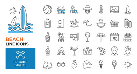 Summer Vacation Icons Beach Themed Line Art Collection for Travel and Leisure Designs, Sunny Holiday Elements