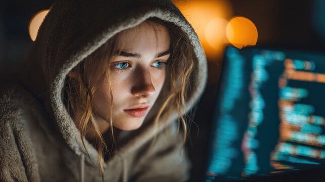 A young woman wea a hooded sweatshirt intensely focuses on lines of code displayed on her laptop screen late at night in a dimly lit room, working.