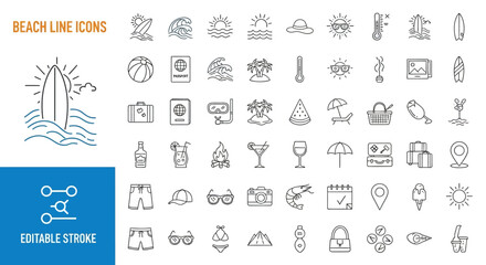 Summer Holiday Outline Icons Beach Essentials, Activities, and Vacation Elements for Travel Planning