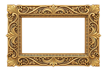 Ornate golden rectangular picture frame with elaborate scrollwork and floral motifs isolated on transparent background