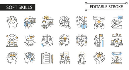 Soft Skills Editable Stroke Icons for Professional and Personal Development, Showing Communication, Teamwork, and Emotional Intelligence