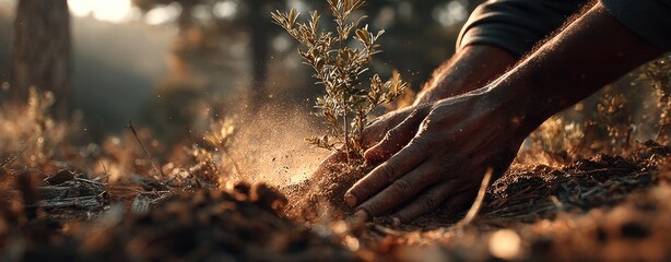 Hands carefully plant a sapling in the soil, dust rising as they nurture the new life in the forest bathed in warm sunlight, symbolizing growth and renewal.