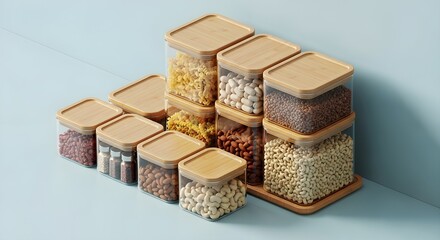 Obraz premium Stacked Glass Food Storage Containers with Wooden Lids, Displaying Variety of Grains and Nuts