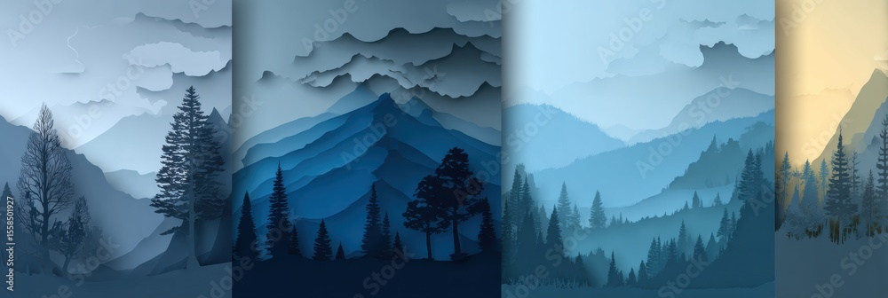 Poster layers of nature in paper cut style featuring forest, mountain, and sky elements in a harmonious ble