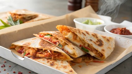 fusion street food concept Delicious quesadillas served with salsa and lime on a rustic table.